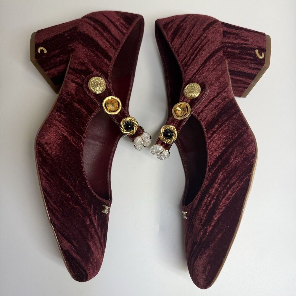Mary Jane Deep Red Velvet Heels - Picture 4 of 10